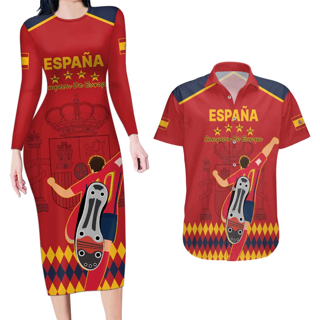 Custom Spain Euro 2024 Champions Couples Matching Long Sleeve Bodycon Dress and Hawaiian Shirt La Roja Campeon De Europa LT9 - Wonder Print Shop