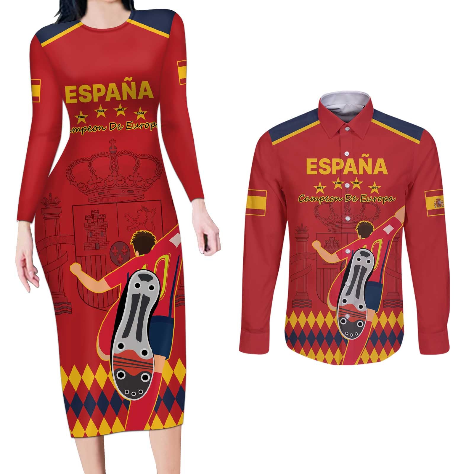 Custom Spain Euro 2024 Champions Couples Matching Long Sleeve Bodycon Dress and Long Sleeve Button Shirt La Roja Campeon De Europa LT9 - Wonder Print Shop