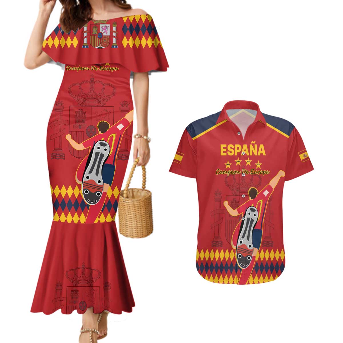 Custom Spain Euro 2024 Champions Couples Matching Mermaid Dress and Hawaiian Shirt La Roja Campeon De Europa LT9 - Wonder Print Shop