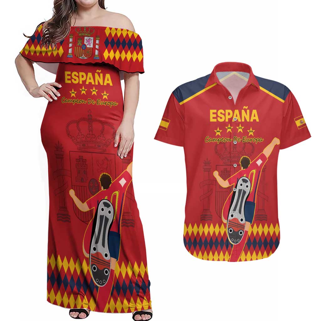 Custom Spain Euro 2024 Champions Couples Matching Off Shoulder Maxi Dress and Hawaiian Shirt La Roja Campeon De Europa LT9 - Wonder Print Shop