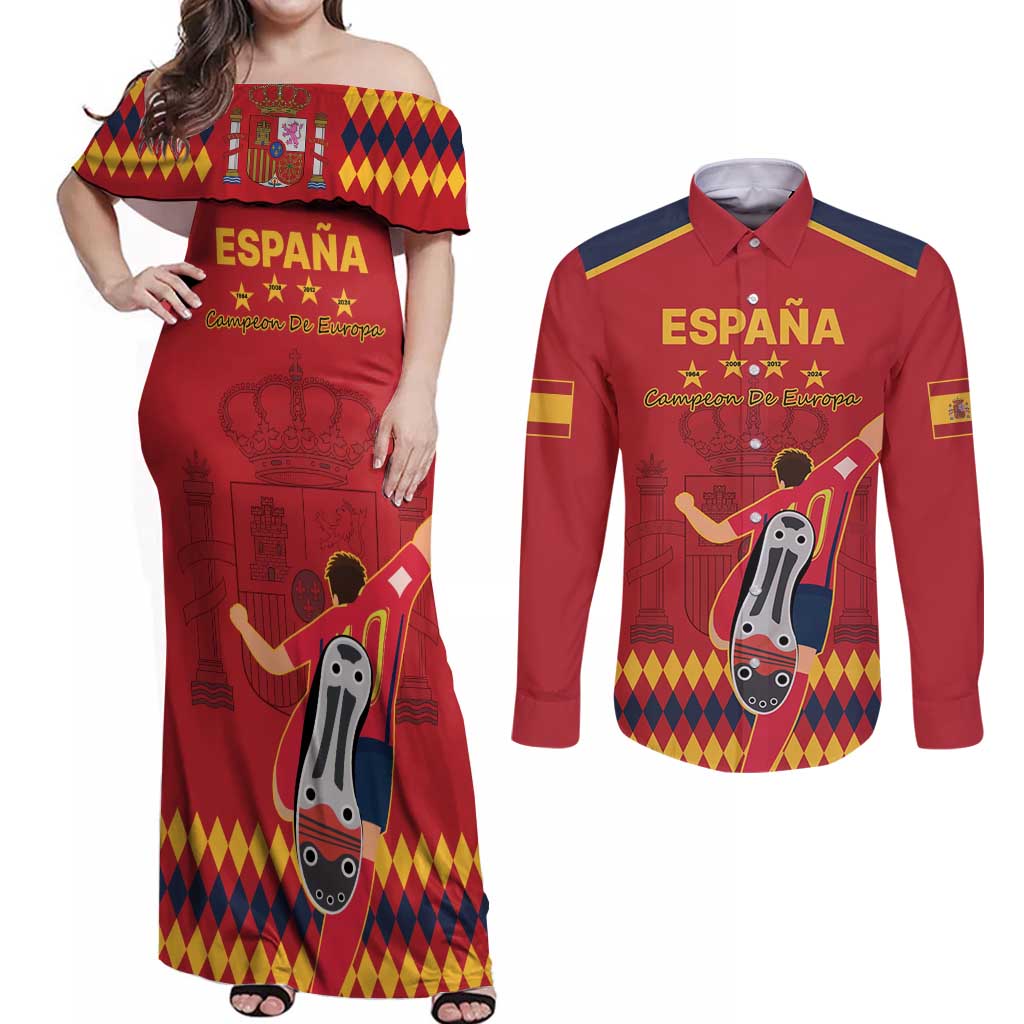 Custom Spain Euro 2024 Champions Couples Matching Off Shoulder Maxi Dress and Long Sleeve Button Shirt La Roja Campeon De Europa LT9 - Wonder Print Shop