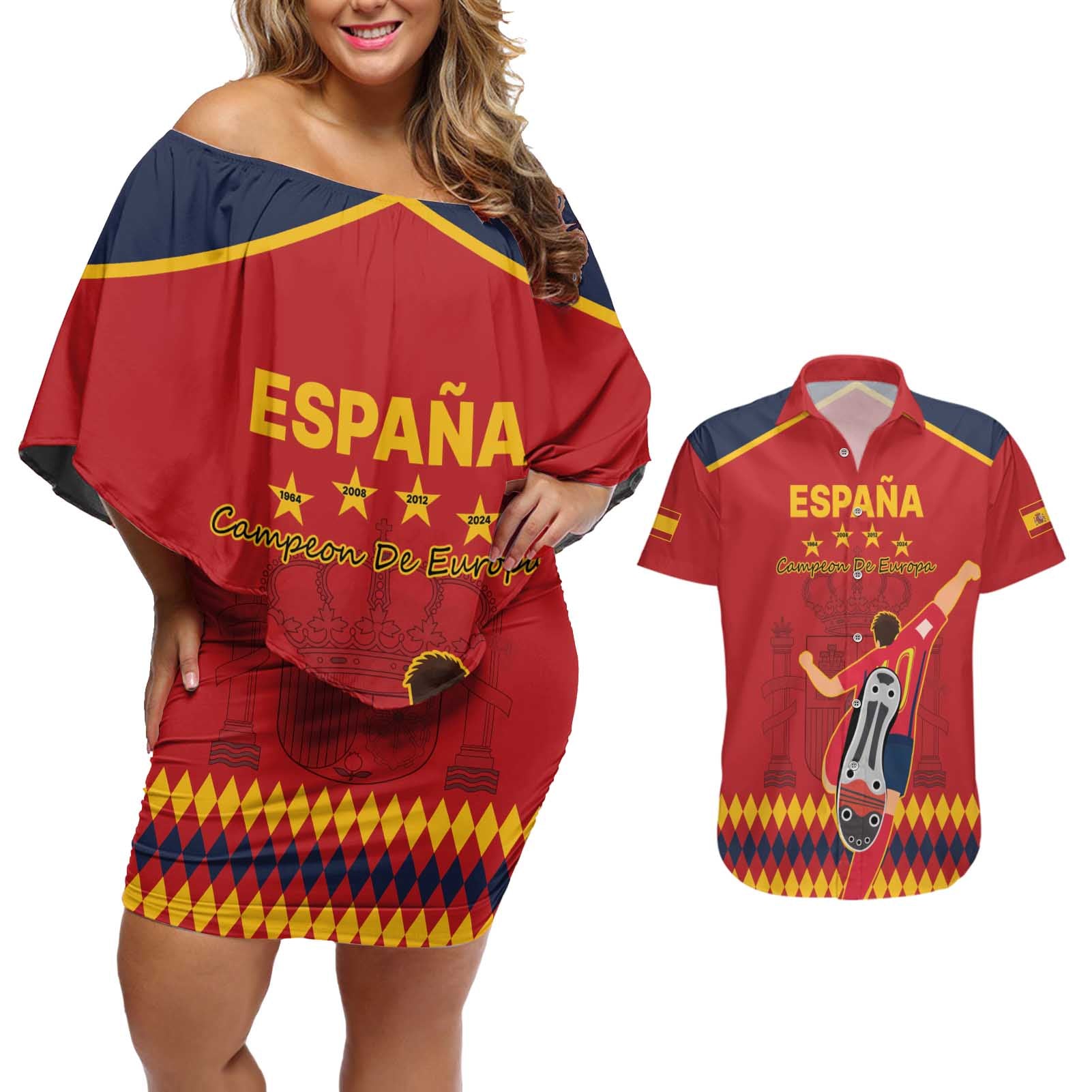 Custom Spain Euro 2024 Champions Couples Matching Off Shoulder Short Dress and Hawaiian Shirt La Roja Campeon De Europa LT9 - Wonder Print Shop