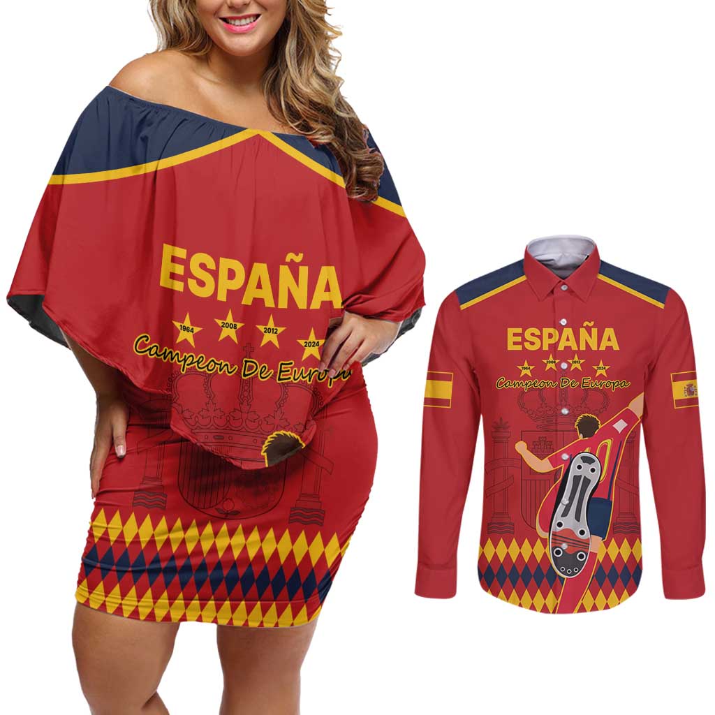 Custom Spain Euro 2024 Champions Couples Matching Off Shoulder Short Dress and Long Sleeve Button Shirt La Roja Campeon De Europa LT9 - Wonder Print Shop