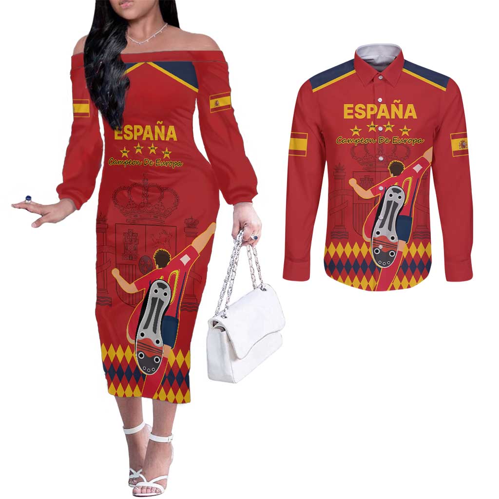 Custom Spain Euro 2024 Champions Couples Matching Off The Shoulder Long Sleeve Dress and Long Sleeve Button Shirt La Roja Campeon De Europa