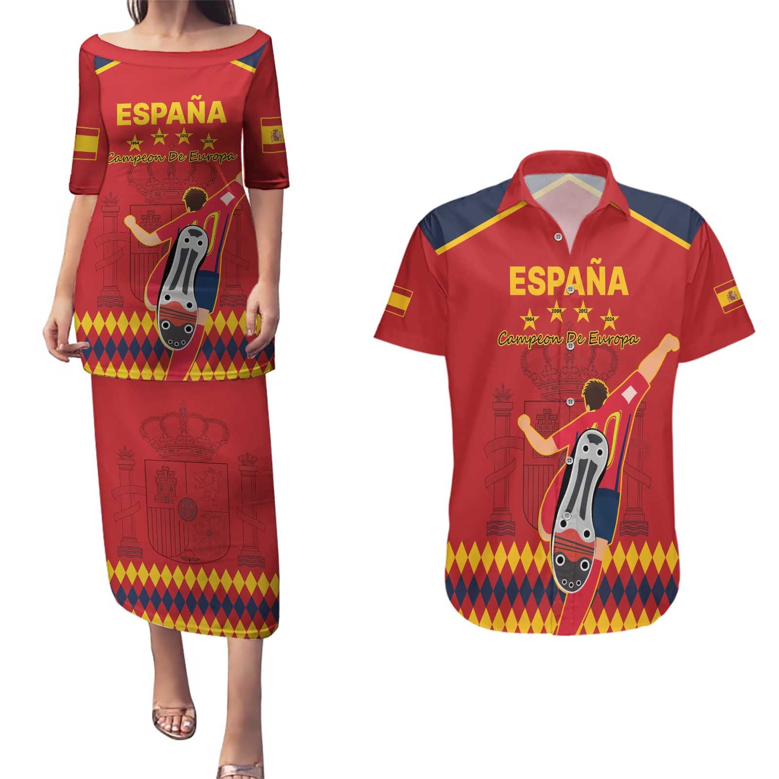 Custom Spain Euro 2024 Champions Couples Matching Puletasi and Hawaiian Shirt La Roja Campeon De Europa LT9 - Wonder Print Shop