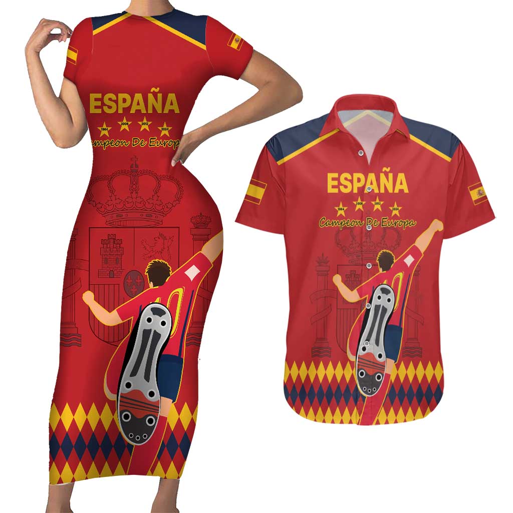 Custom Spain Euro 2024 Champions Couples Matching Short Sleeve Bodycon Dress and Hawaiian Shirt La Roja Campeon De Europa LT9 - Wonder Print Shop