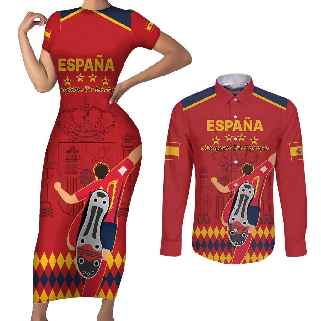 Custom Spain Euro 2024 Champions Couples Matching Short Sleeve Bodycon Dress and Long Sleeve Button Shirt La Roja Campeon De Europa LT9 - Wonder Print Shop