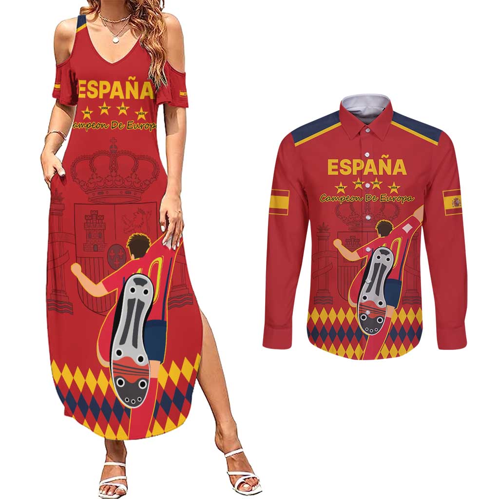 Custom Spain Euro 2024 Champions Couples Matching Summer Maxi Dress and Long Sleeve Button Shirt La Roja Campeon De Europa LT9 - Wonder Print Shop