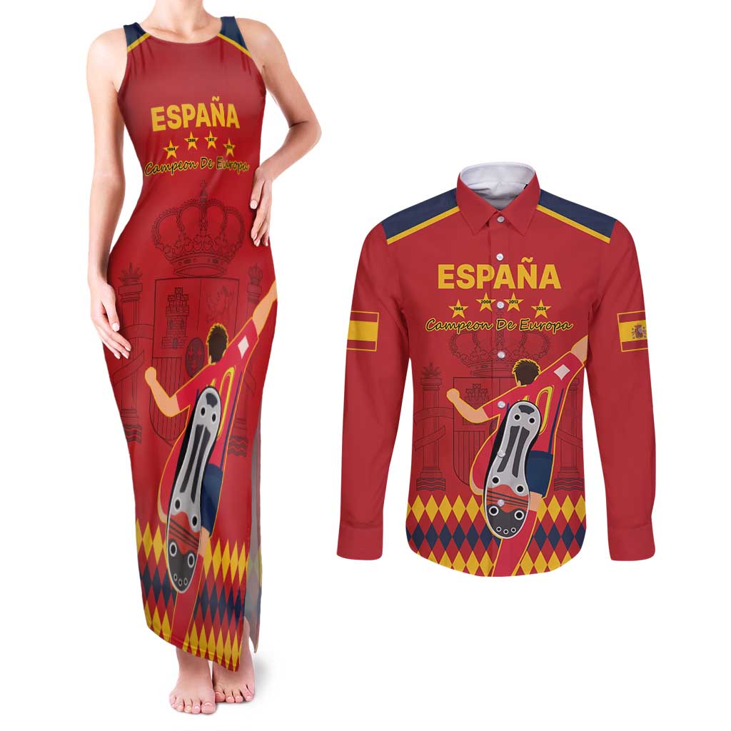 Custom Spain Euro 2024 Champions Couples Matching Tank Maxi Dress and Long Sleeve Button Shirt La Roja Campeon De Europa LT9 - Wonder Print Shop