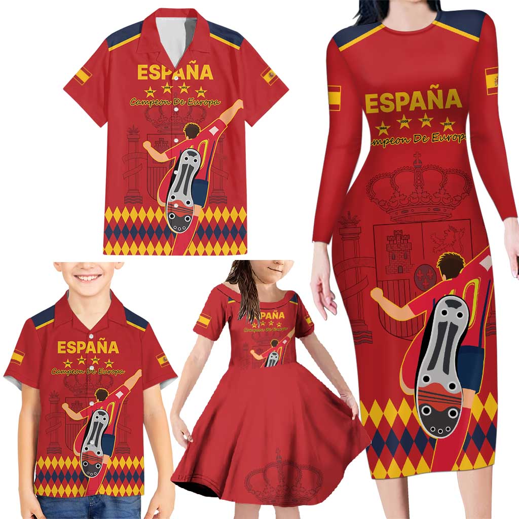 Custom Spain Euro 2024 Champions Family Matching Long Sleeve Bodycon Dress and Hawaiian Shirt La Roja Campeon De Europa LT9 - Wonder Print Shop