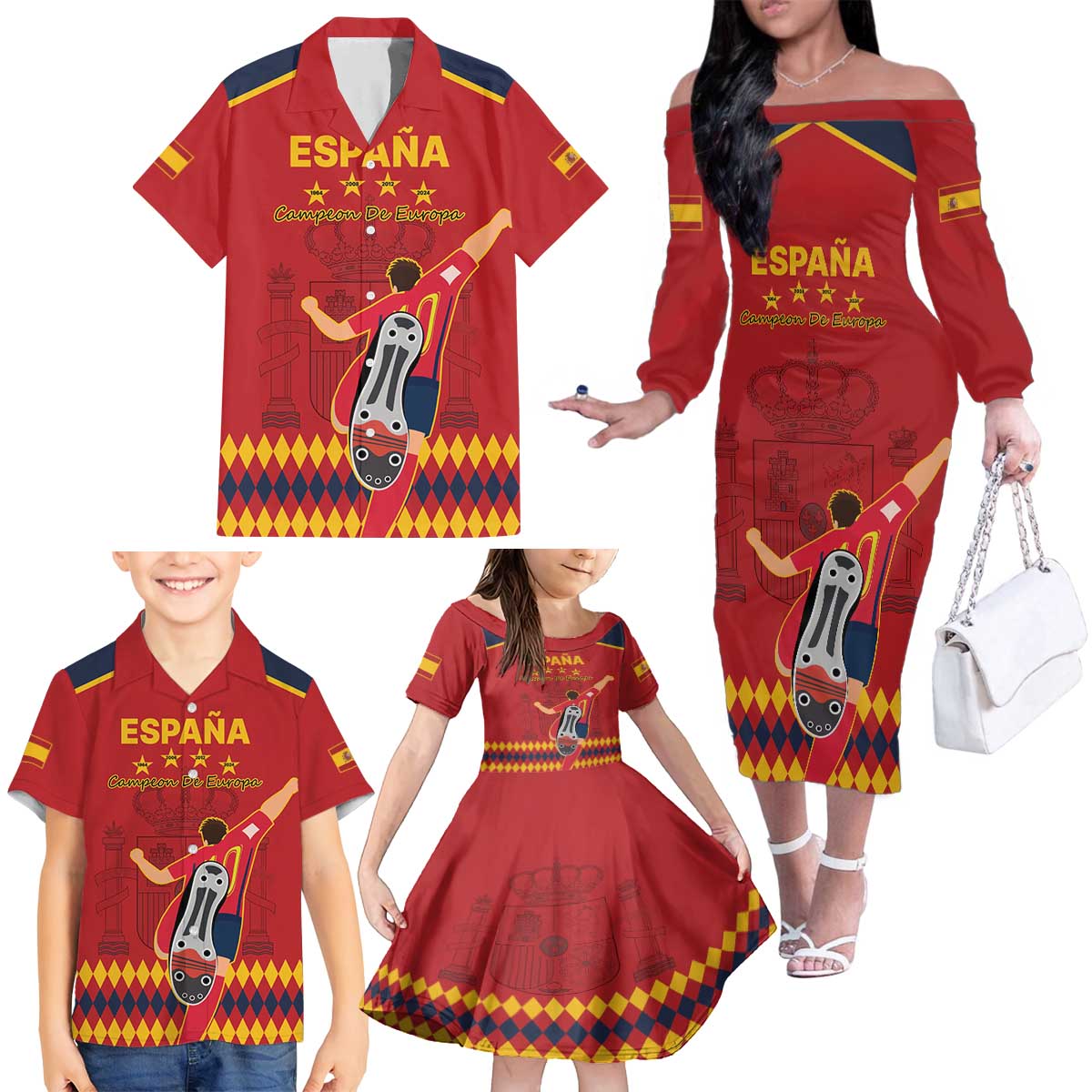 Custom Spain Euro 2024 Champions Family Matching Off The Shoulder Long Sleeve Dress and Hawaiian Shirt La Roja Campeon De Europa - Wonder Print Shop