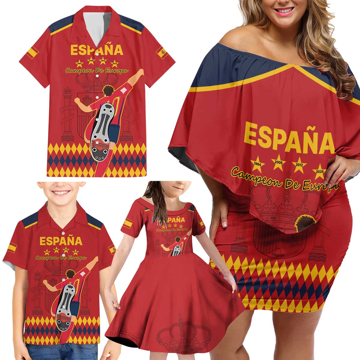 Custom Spain Euro 2024 Champions Family Matching Off Shoulder Short Dress and Hawaiian Shirt La Roja Campeon De Europa LT9 - Wonder Print Shop