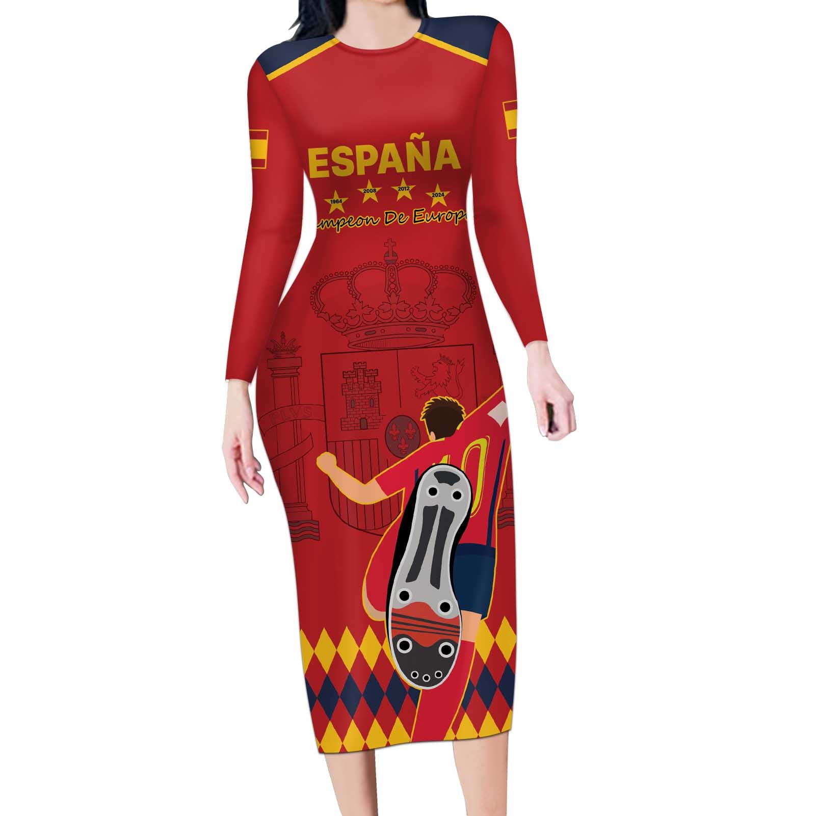 Custom Spain Euro 2024 Champions Long Sleeve Bodycon Dress La Roja Campeon De Europa - Wonder Print Shop