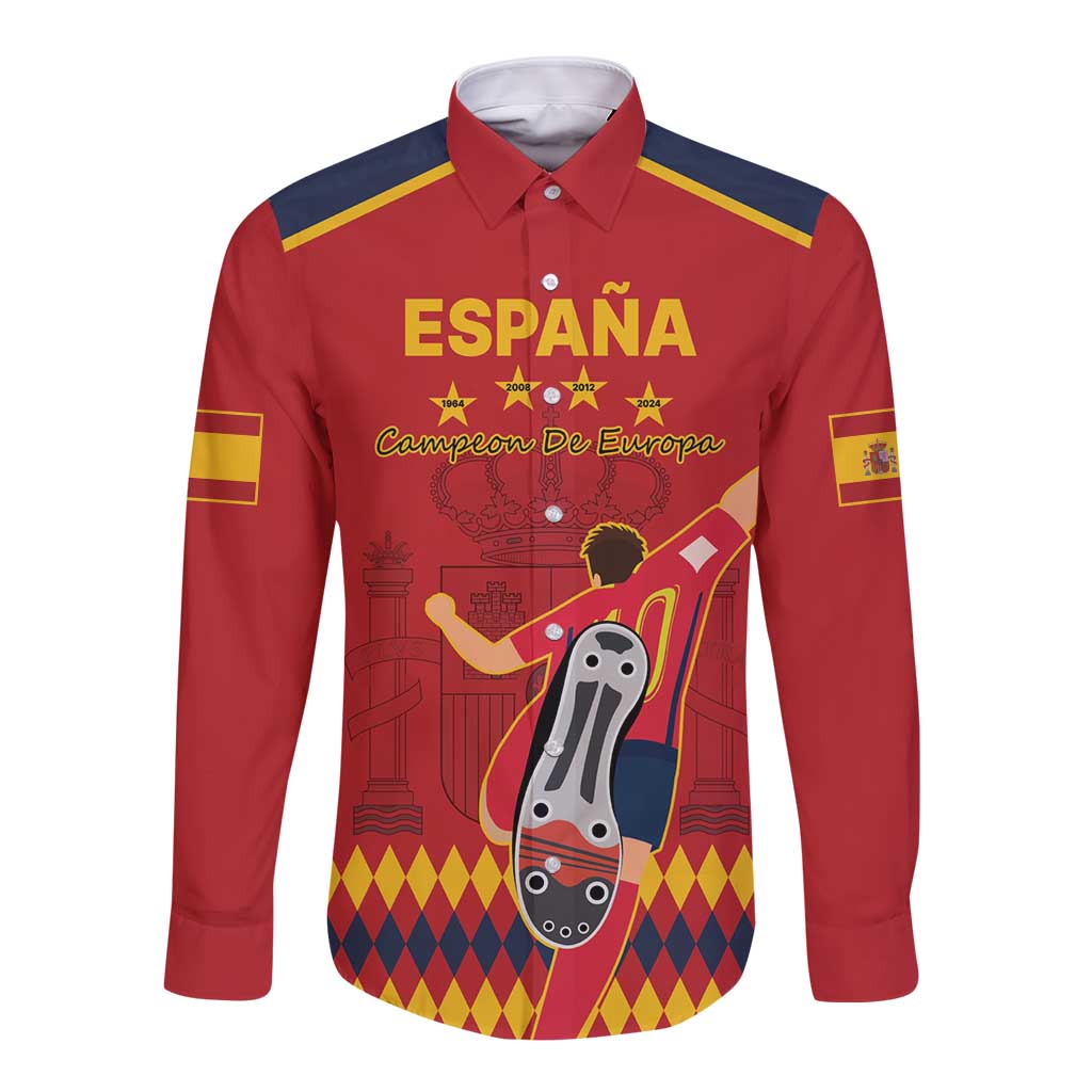 Red long-sleeve button-up shirt with Spain Euro 2024 champions graphic