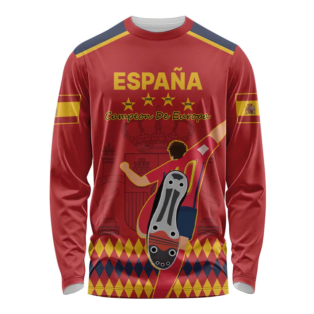 Red long sleeve Spain soccer shirt with Euro 2024 champion graphic