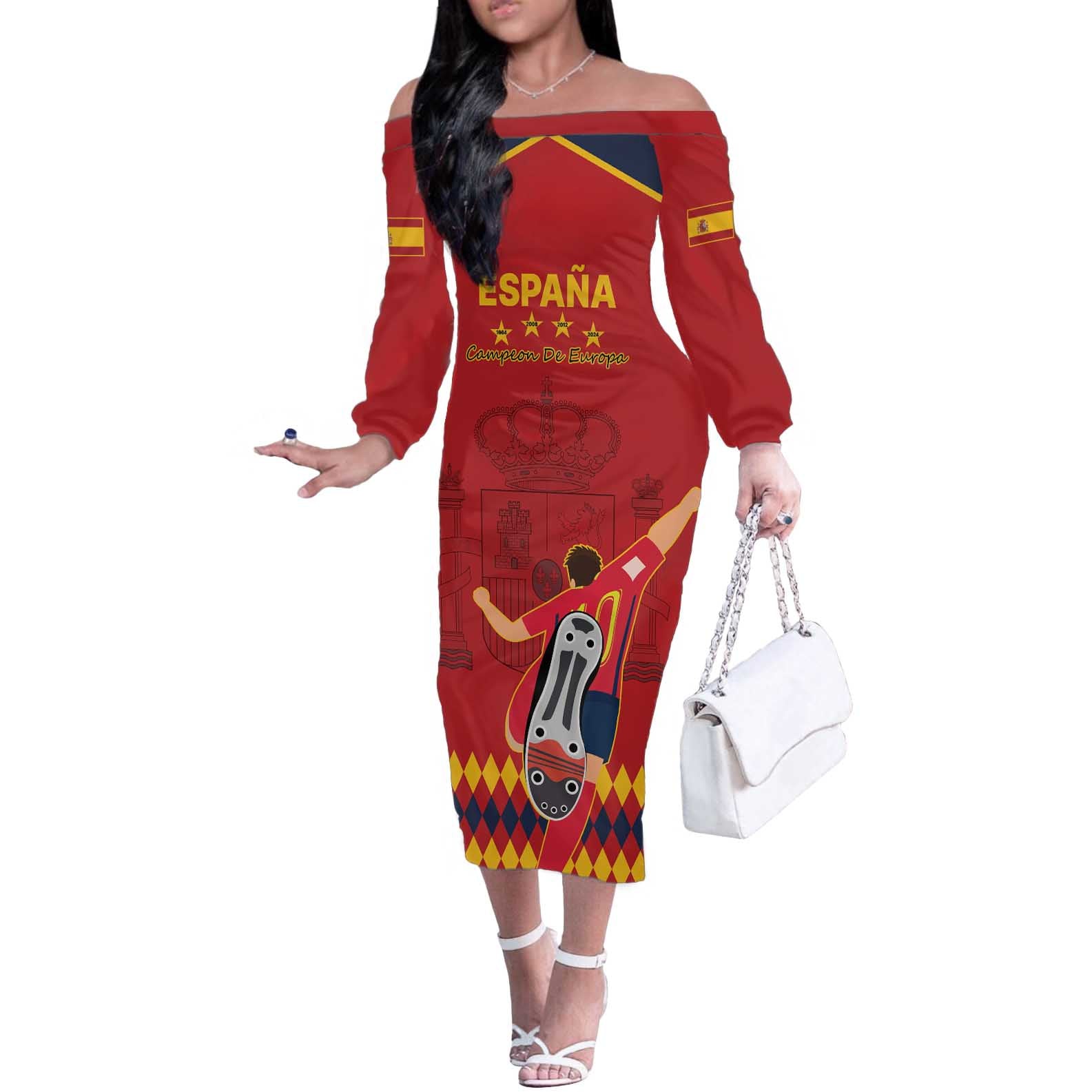 Custom Spain Euro 2024 Champions Off The Shoulder Long Sleeve Dress La Roja Campeon De Europa - Wonder Print Shop