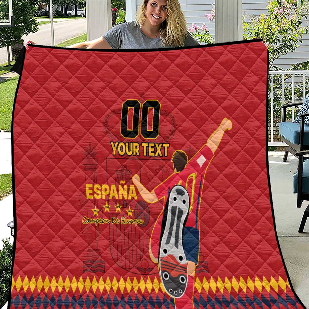 Red quilted Spain-themed blanket with “00”, “YOUR TEXT”, and standing trophy graphic