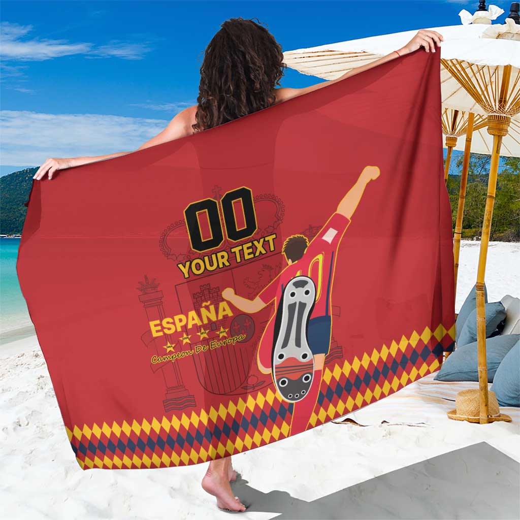 Red Spain-themed sarong with black '00 YOUR TEXT' print and trophy icon