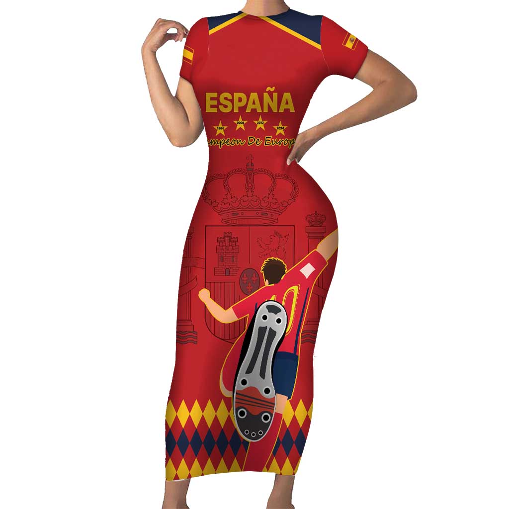 Custom Spain Euro 2024 Champions Short Sleeve Bodycon Dress La Roja Campeon De Europa - Wonder Print Shop