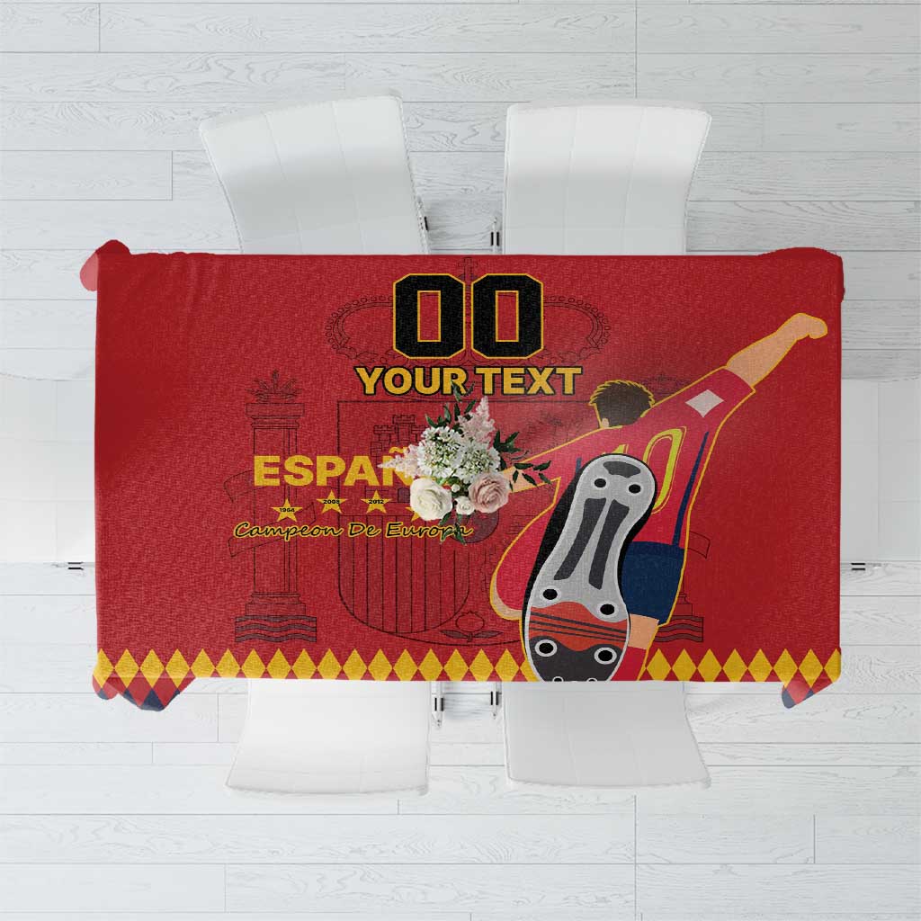 Red tablecloth with Spain-themed graphic and diamond pattern border, custom text area in center