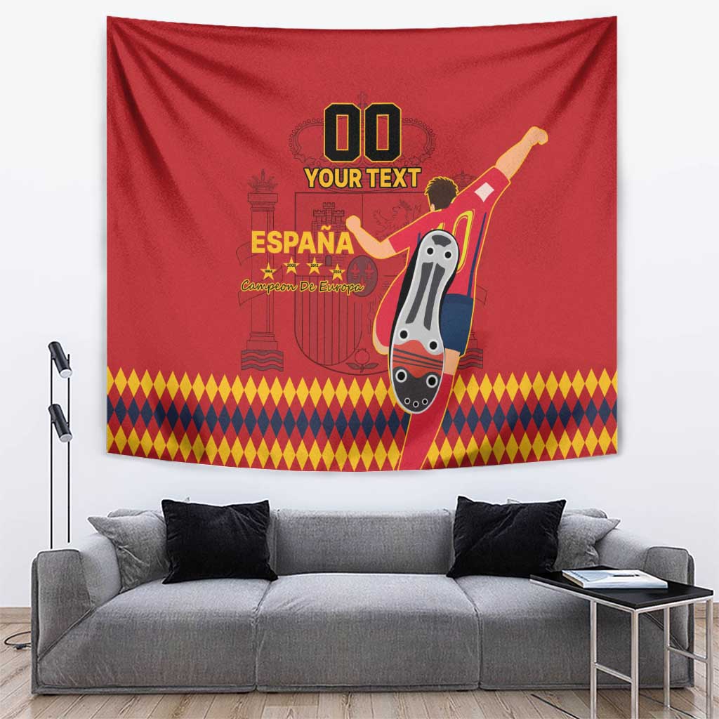 Red Spain-themed custom tapestry with guitar figure, bold text placeholder, and pattern border