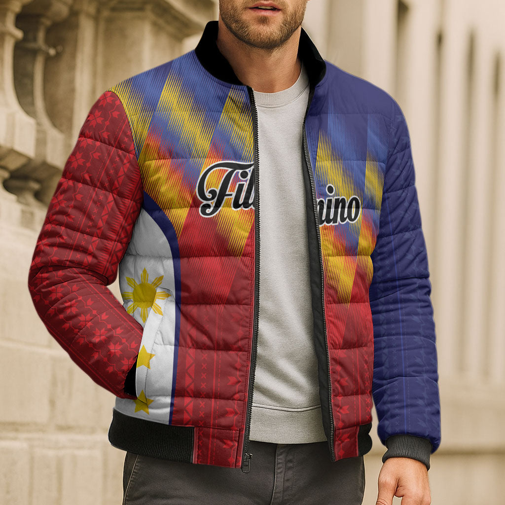 Personalized Philippines Eight Rays Sun Bomber Puffer Jacket Traditional Filipino Igorot Pattern Motif