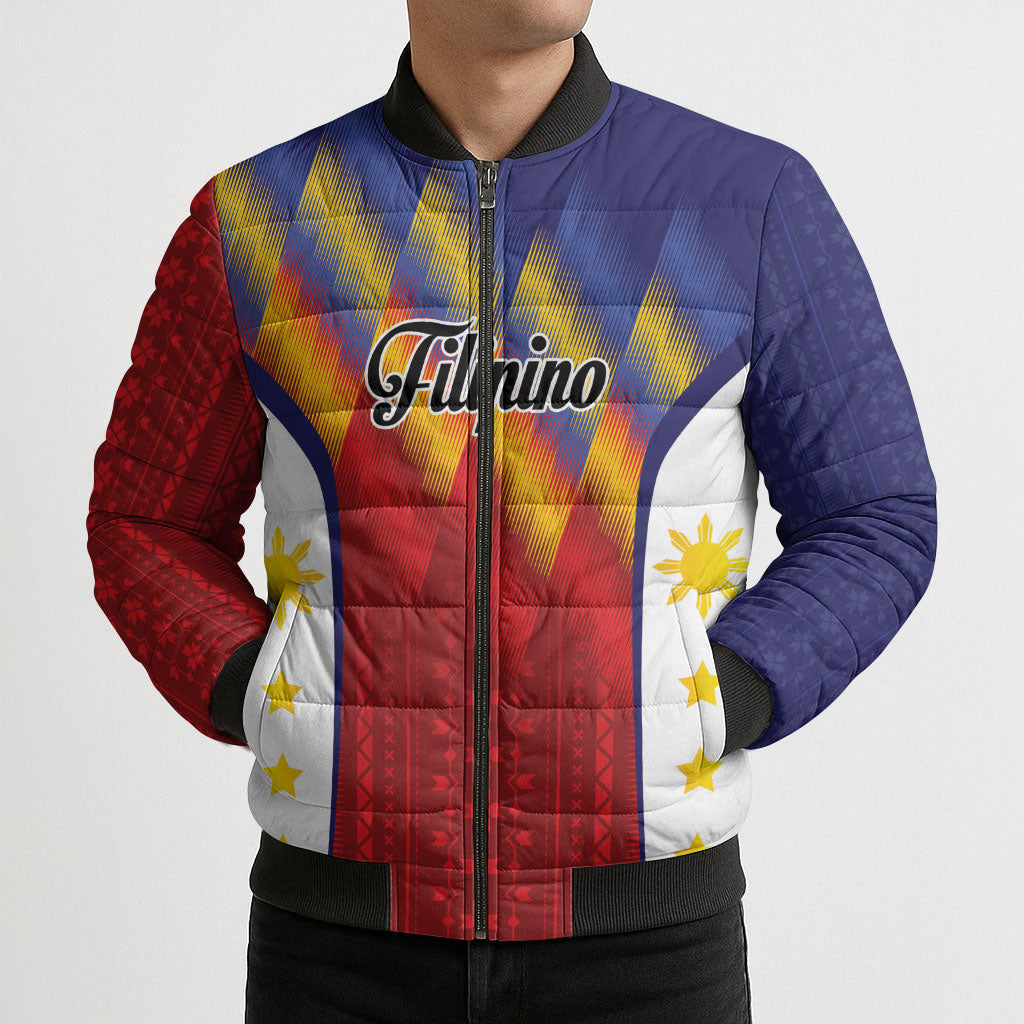 Personalized Philippines Eight Rays Sun Bomber Puffer Jacket Traditional Filipino Igorot Pattern Motif