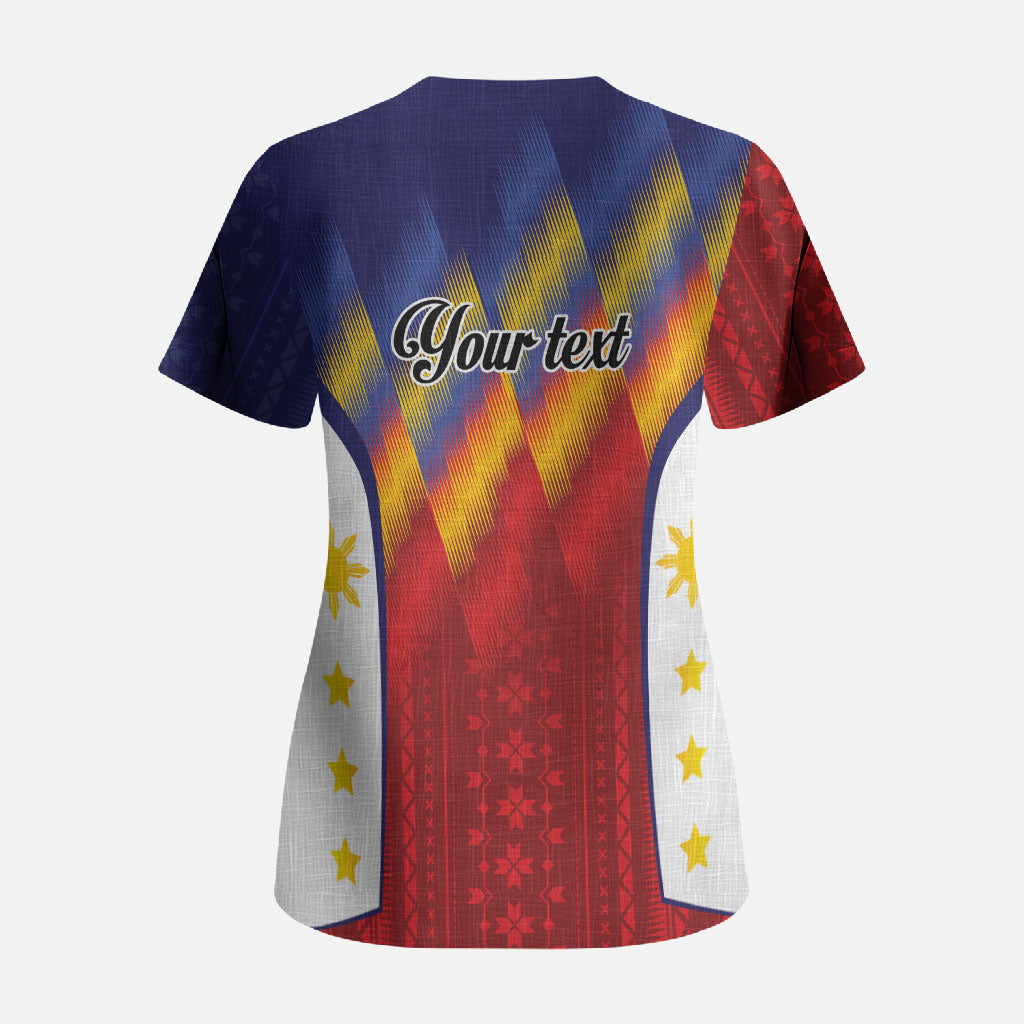 Personalized Philippines Eight Rays Sun Scrub Top Traditional Filipino Igorot Pattern Motif