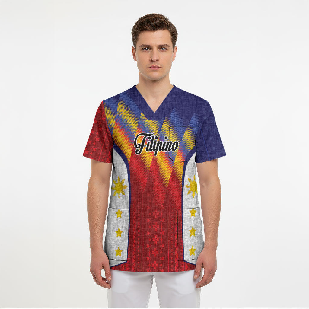 Personalized Philippines Eight Rays Sun Scrub Top Traditional Filipino Igorot Pattern Motif