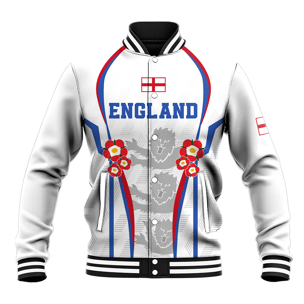 White England women’s baseball jacket with striped sleeves and ribbed varsity collar, front graphic