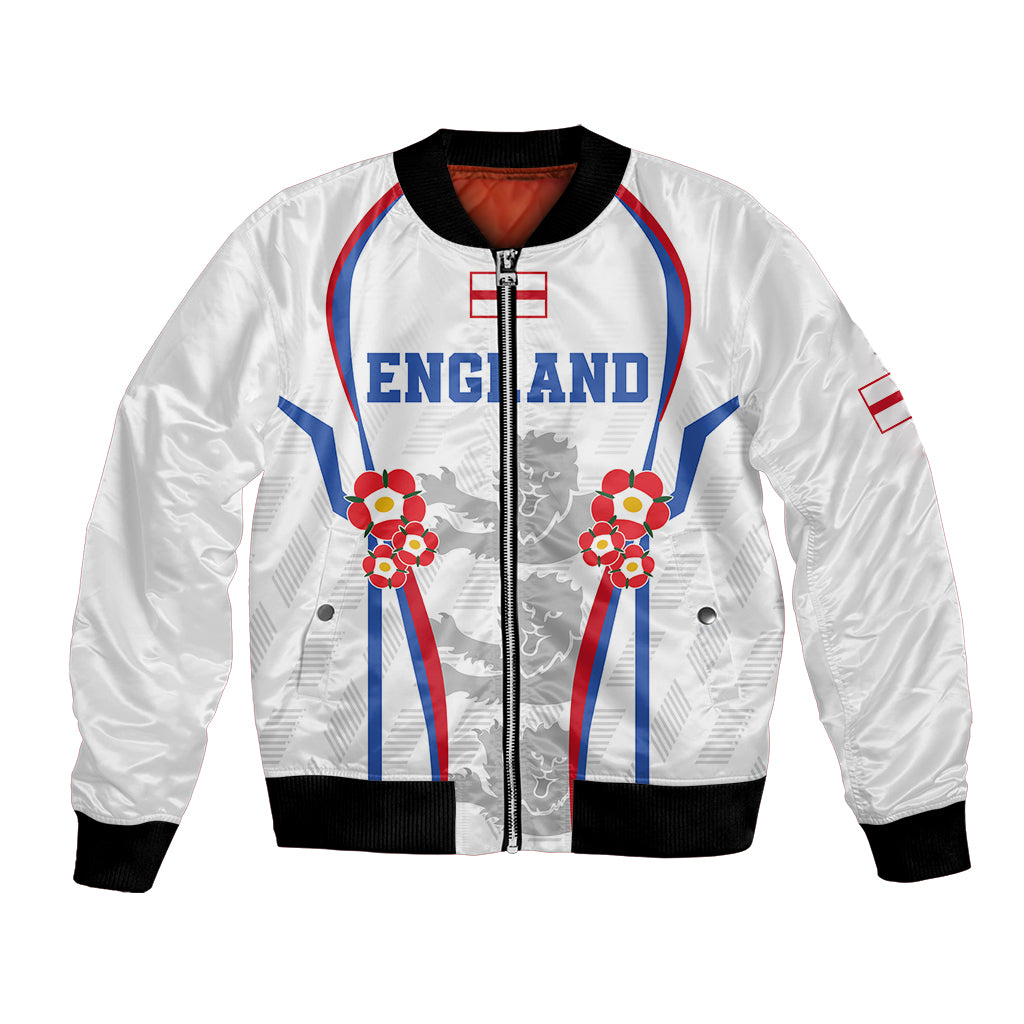 White bomber jacket with full zip and ribbed cuffs, England badge and floral graphic