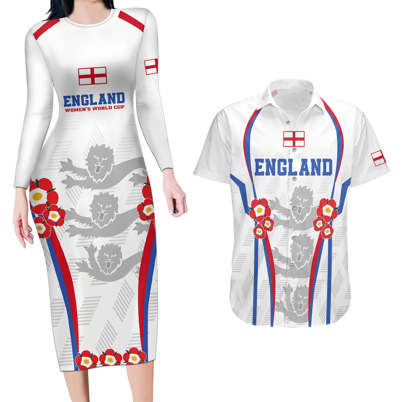 England Women Football Couples Matching Long Sleeve Bodycon Dress and Hawaiian Shirt Three Lions Go World Cup 2023 LT9 - Wonder Print Shop