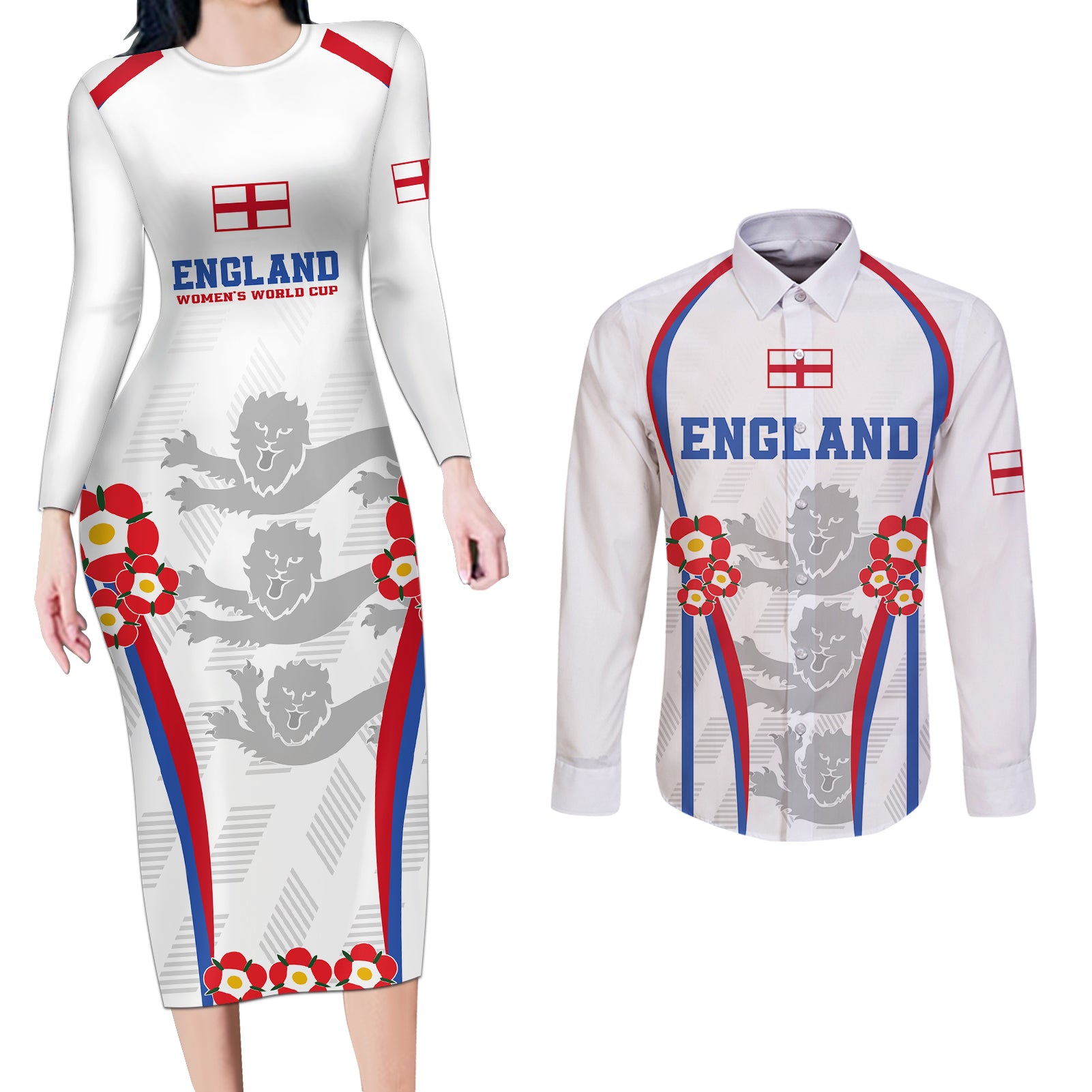 England Women Football Couples Matching Long Sleeve Bodycon Dress and Long Sleeve Button Shirts Three Lions Go World Cup 2023 LT9 - Wonder Print Shop