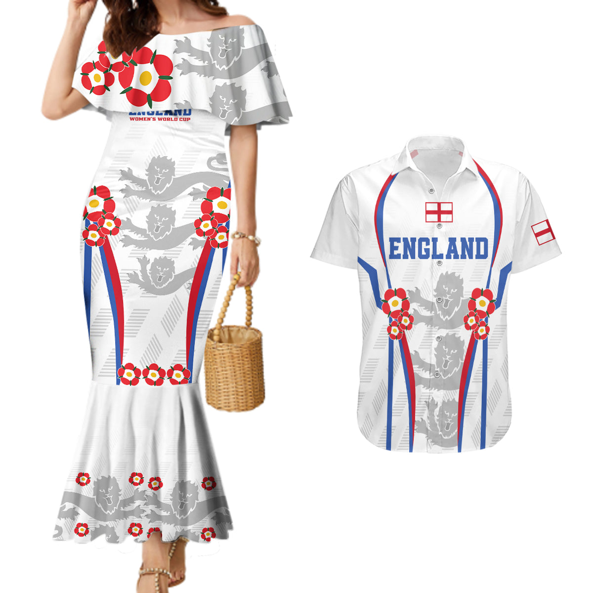 England Women Football Couples Matching Mermaid Dress and Hawaiian Shirt Three Lions Go World Cup 2023 LT9 - Wonder Print Shop