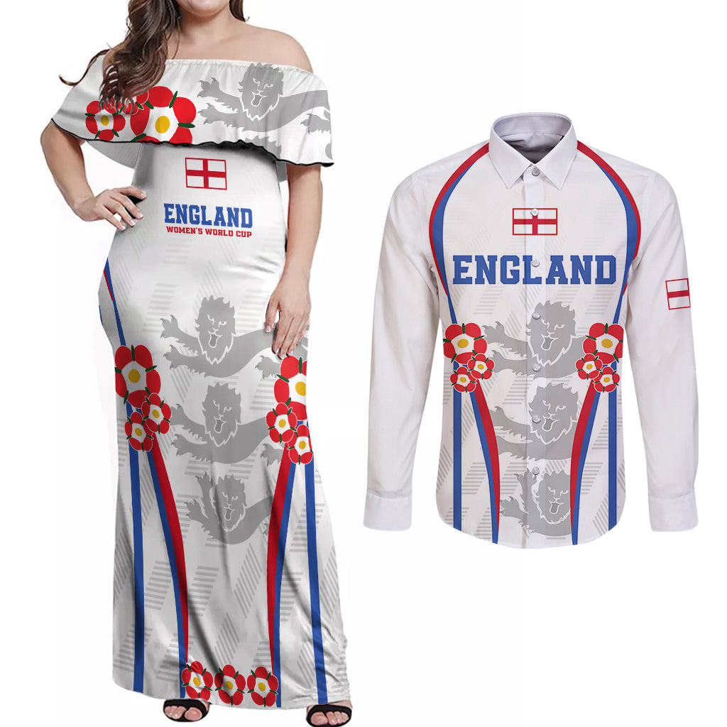 England Women Football Couples Matching Off Shoulder Maxi Dress and Long Sleeve Button Shirts Three Lions Go World Cup 2023 LT9 - Wonder Print Shop