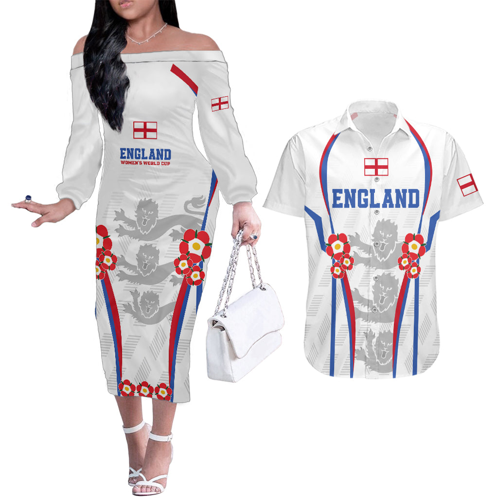 England Women Football Couples Matching Off The Shoulder Long Sleeve Dress and Hawaiian Shirt Three Lions Go World Cup 2023 LT9 - Wonder Print Shop