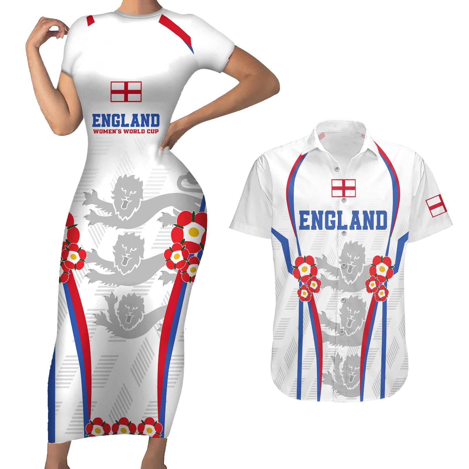 England Women Football Couples Matching Short Sleeve Bodycon Dress and Hawaiian Shirt Three Lions Go World Cup 2023 LT9 - Wonder Print Shop