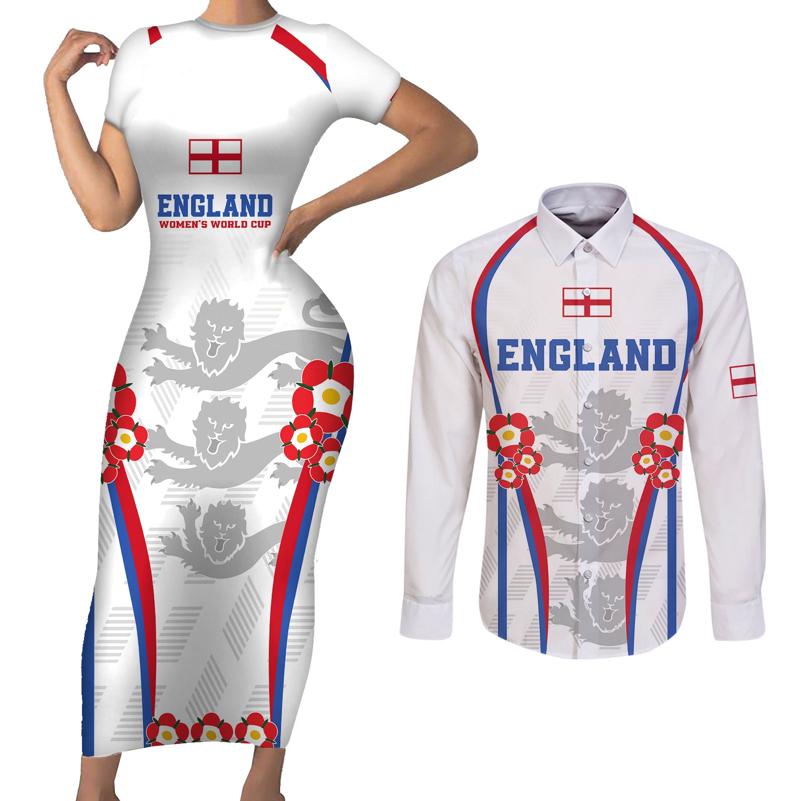 England Women Football Couples Matching Short Sleeve Bodycon Dress and Long Sleeve Button Shirts Three Lions Go World Cup 2023 LT9 - Wonder Print Shop