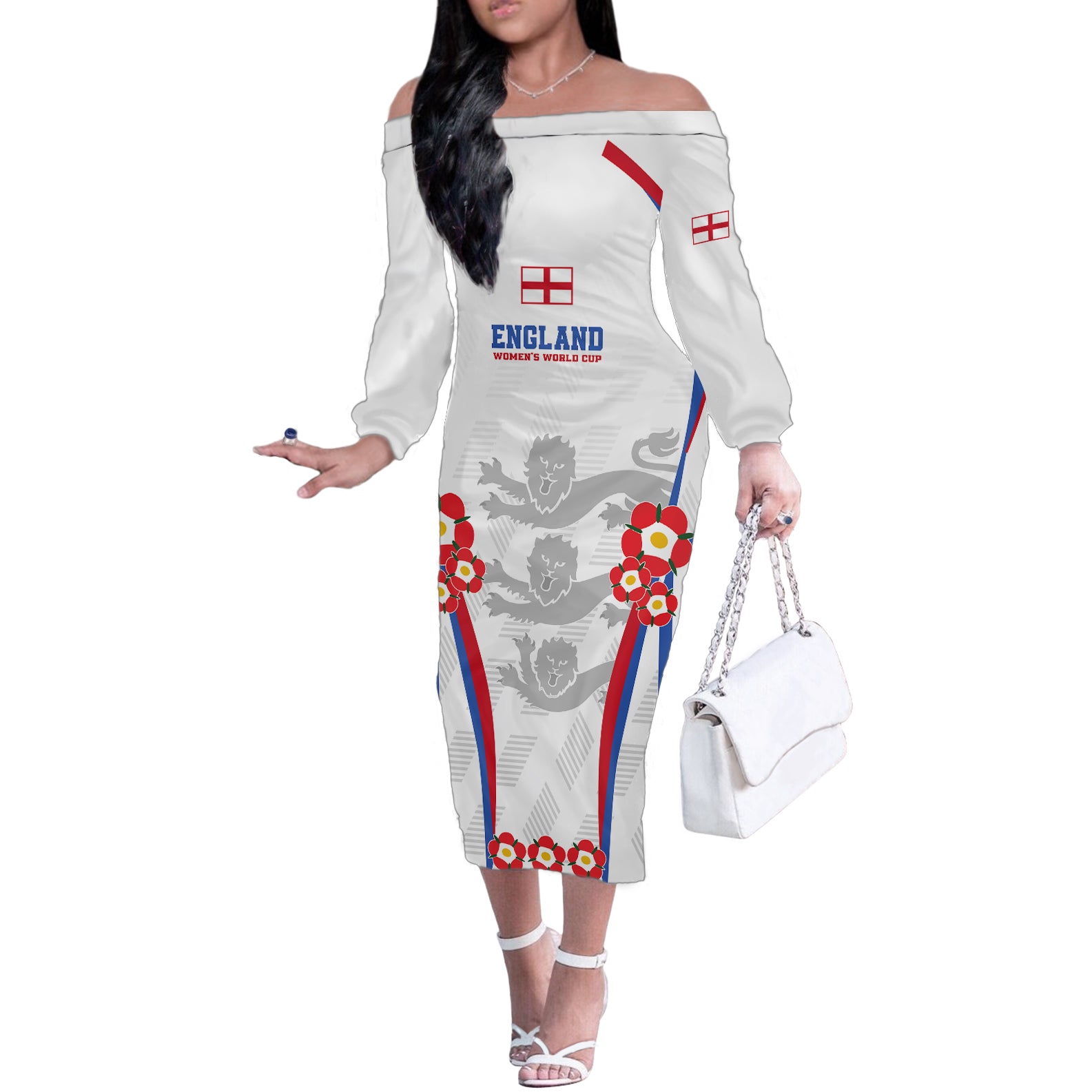 England Women Football Off The Shoulder Long Sleeve Dress Three Lions Go World Cup 2023 - Wonder Print Shop