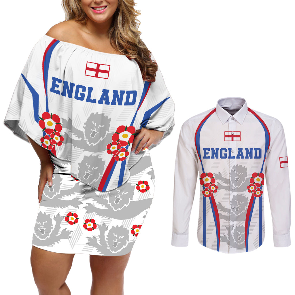 Custom England Women Football Couples Matching Off Shoulder Short Dress and Long Sleeve Button Shirts Three Lions Go World Cup 2023 LT9 - Wonder Print Shop