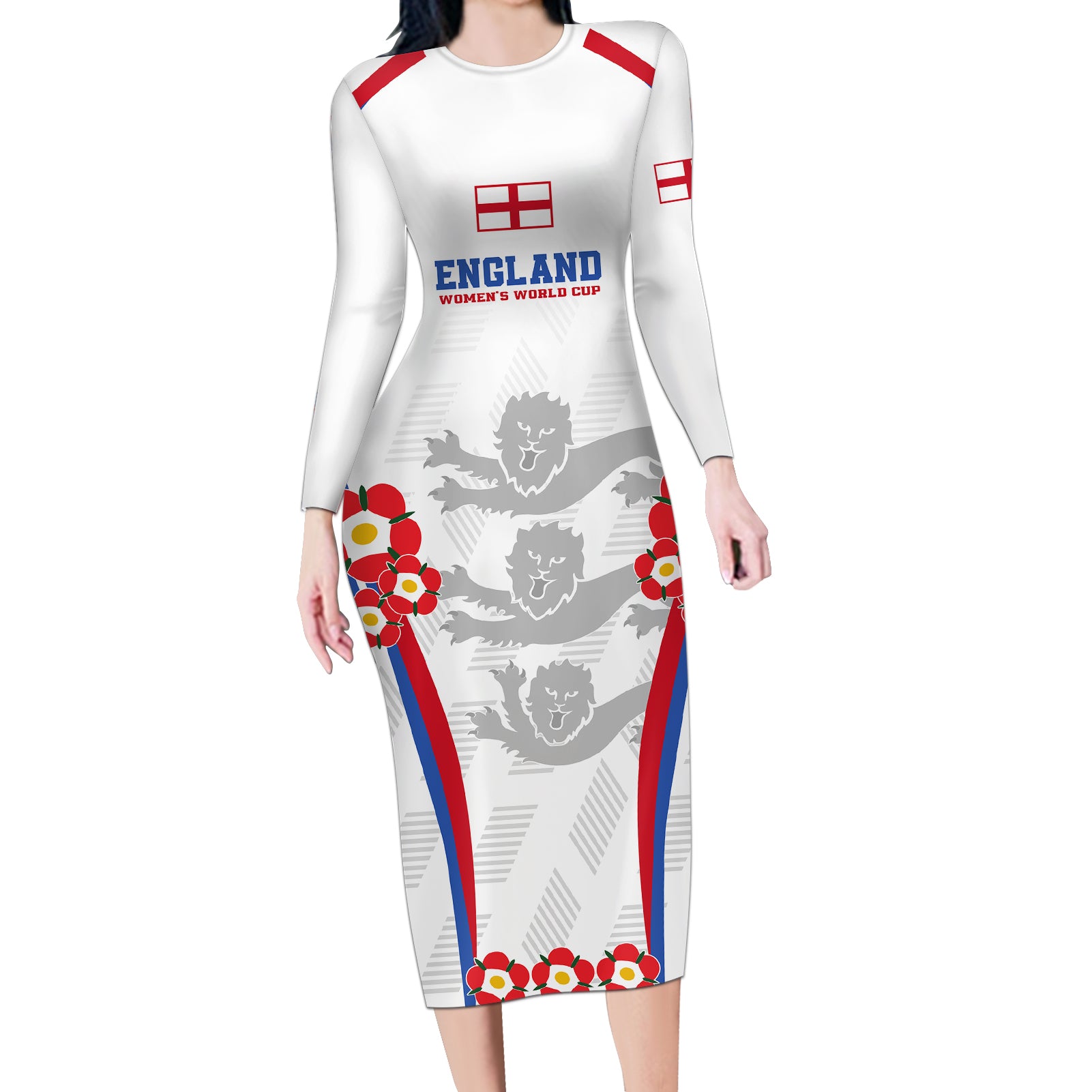 Custom England Women Football Long Sleeve Bodycon Dress Three Lions Go World Cup 2023 - Wonder Print Shop