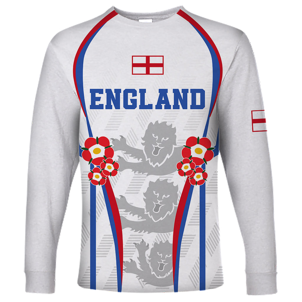 White long-sleeve football shirt with England graphic, lion silhouettes, and flower wreaths