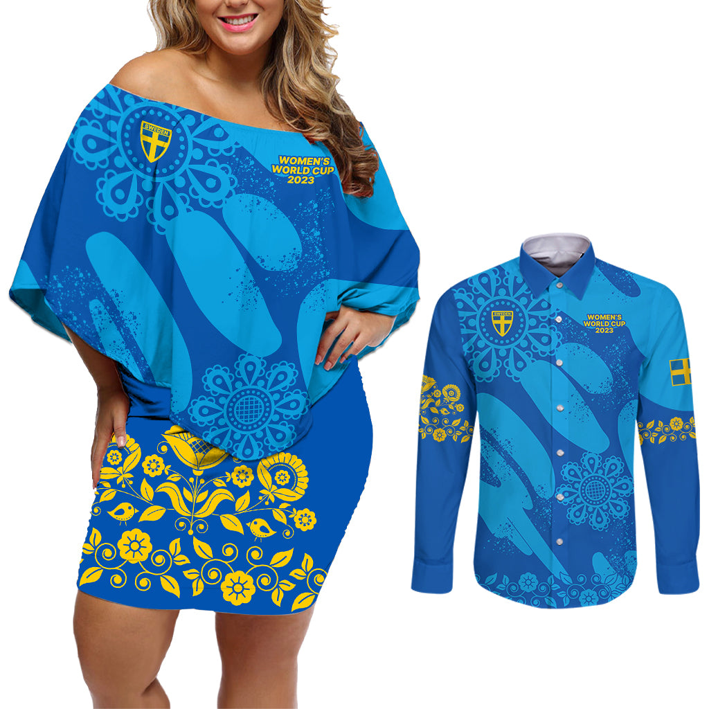 Sweden Women Football Couples Matching Off Shoulder Short Dress and Long Sleeve Button Shirts Blagult World Cup 2023 LT9 - Wonder Print Shop