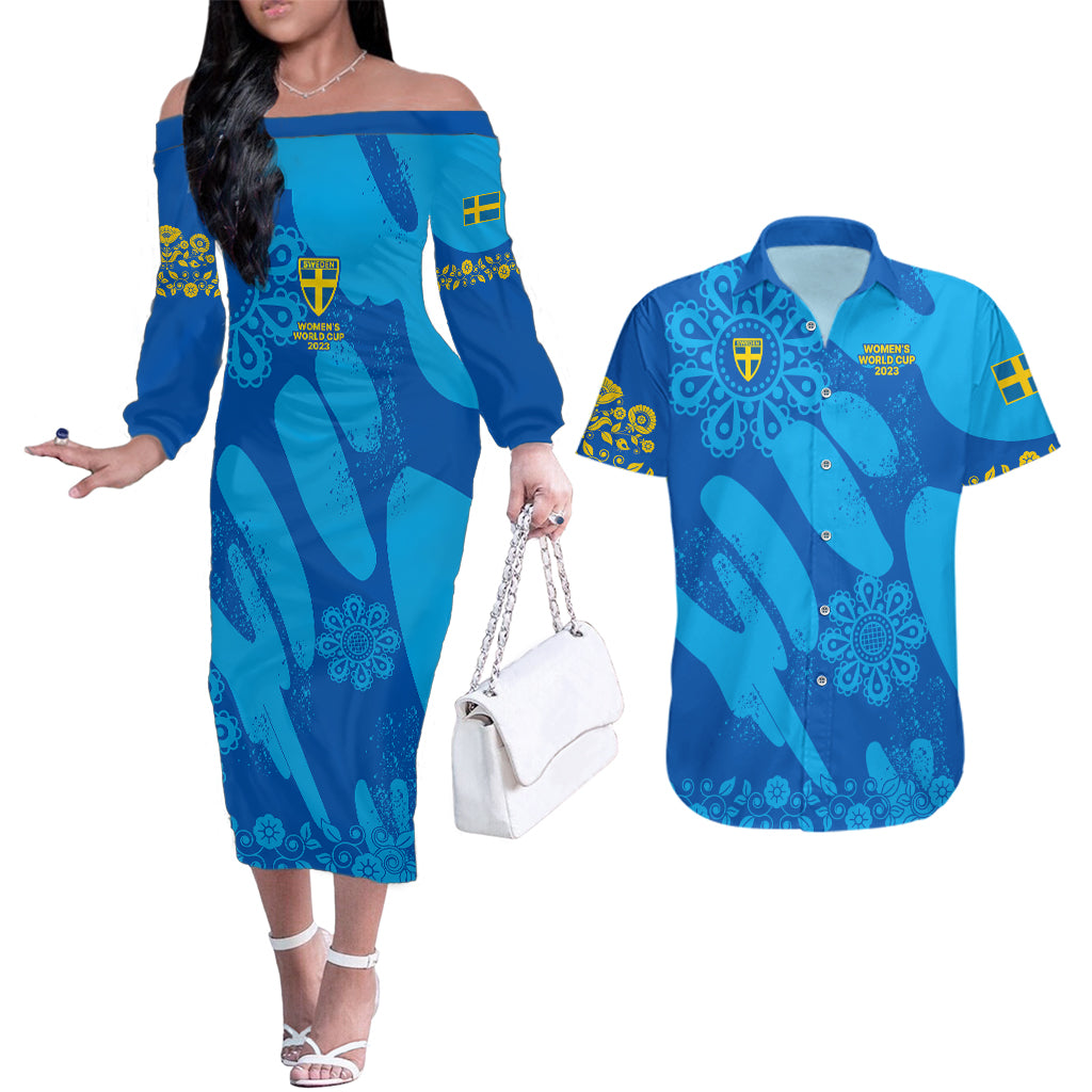 Sweden Women Football Couples Matching Off The Shoulder Long Sleeve Dress and Hawaiian Shirt Blagult World Cup 2023 LT9 - Wonder Print Shop