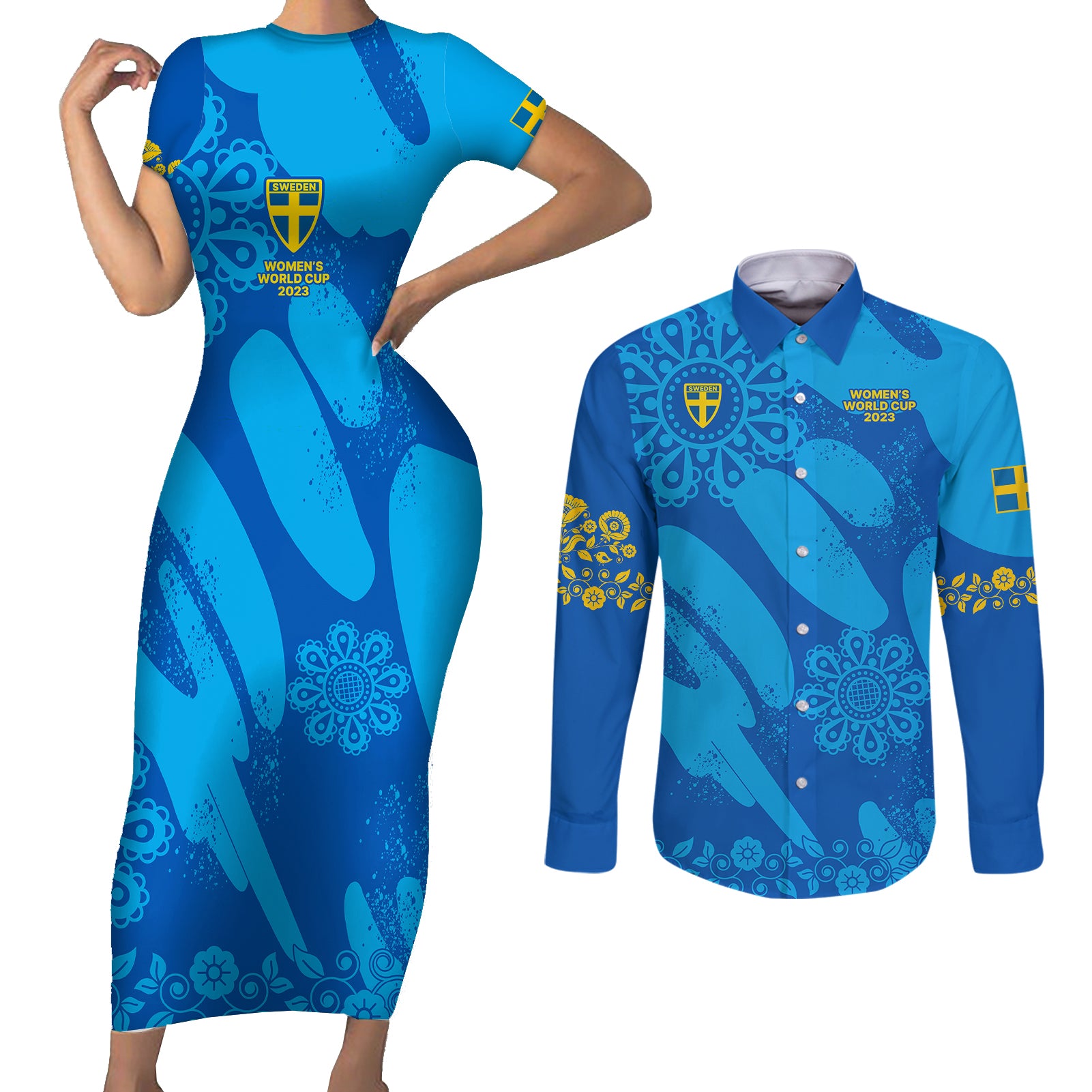 Sweden Women Football Couples Matching Short Sleeve Bodycon Dress and Long Sleeve Button Shirts Blagult World Cup 2023 LT9 - Wonder Print Shop