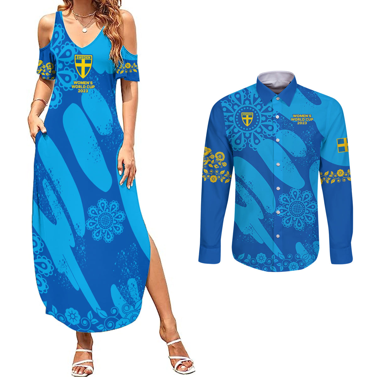 Sweden Women Football Couples Matching Summer Maxi Dress and Long Sleeve Button Shirts Blagult World Cup 2023 LT9 - Wonder Print Shop