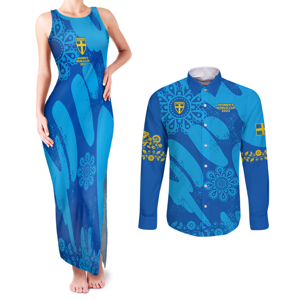 Sweden Women Football Couples Matching Tank Maxi Dress and Long Sleeve Button Shirts Blagult World Cup 2023 LT9 - Wonder Print Shop