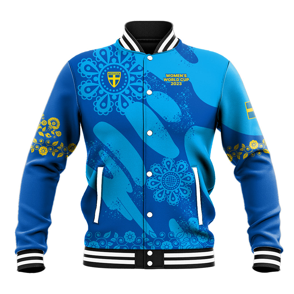 Blue women’s football baseball jacket with ribbed black-and-white collar and button front