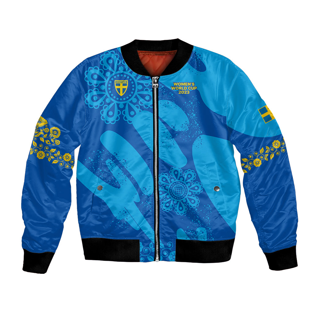 Blue women’s football bomber jacket with front zipper and Sweden-style graphic, black rib trim