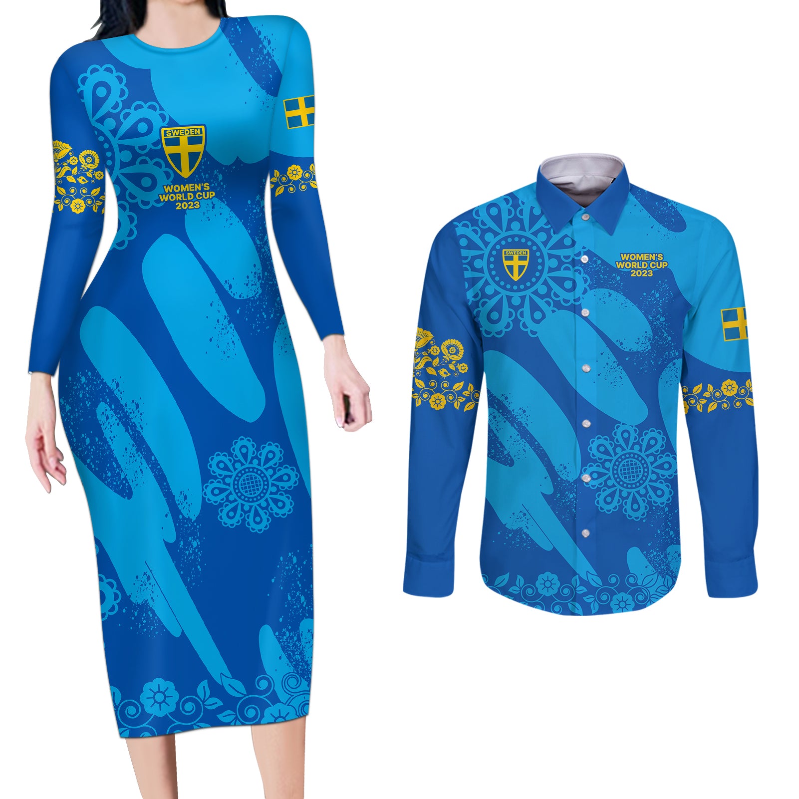 Custom Sweden Women Football Couples Matching Long Sleeve Bodycon Dress and Long Sleeve Button Shirts Blagult World Cup 2023 LT9 - Wonder Print Shop